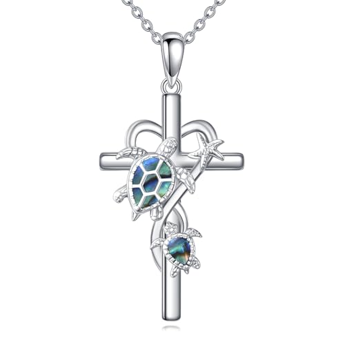 POPLYKE Kreuz Schildkröte Halskette für Damen 925 Sterling Silber Kreuz Halskette Abalone Shell Schildkröte Schmuck für Damen von POPLYKE
