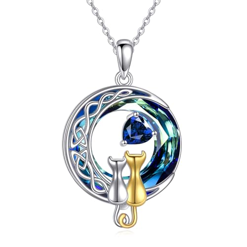 POPLYKE Kristall Katze Kette 925 Sterling Silber Mutter Tochter Katze Schmuck Sep. Sapphir Geburtsstein Anhänger Geschenke von POPLYKE