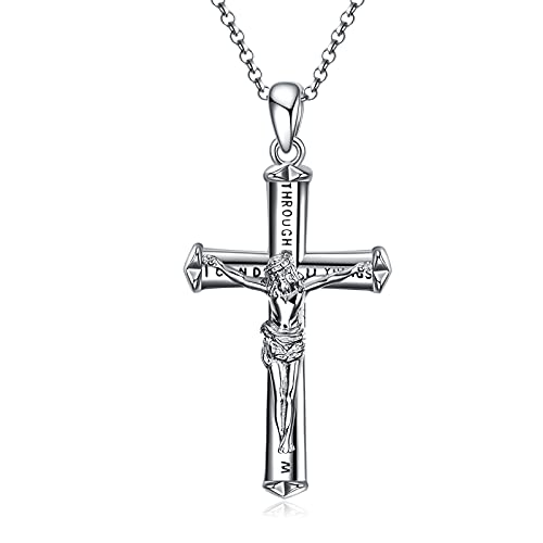 POPLYKE Kruzifix Halskette Sterling Silber Jesus Anhänger Kreuz Schmuck Philippians 4:13 Ich kann alle Dinge inspirierende Halskette Geschenke für Damen Männer 20+2 Zoll Kette von POPLYKE