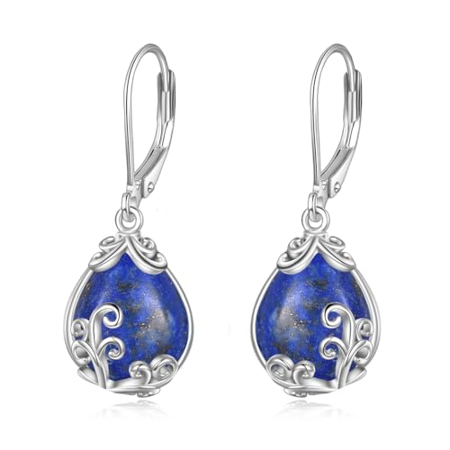 POPLYKE Lapislazuli Filigrane Tropfen Ohrringe Sterling Silber Kristall Ohrringe mit Klettverschluss Schmuck für Frauen von POPLYKE