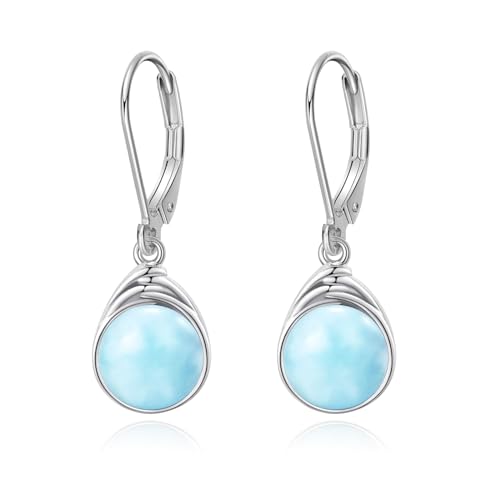 POPLYKE Larimar Ohrringe für Damen Sterling Silber Runde Larimar Leverback Ohrringe Larimar Dangle Ohrringe Schmuck Geschenke von POPLYKE