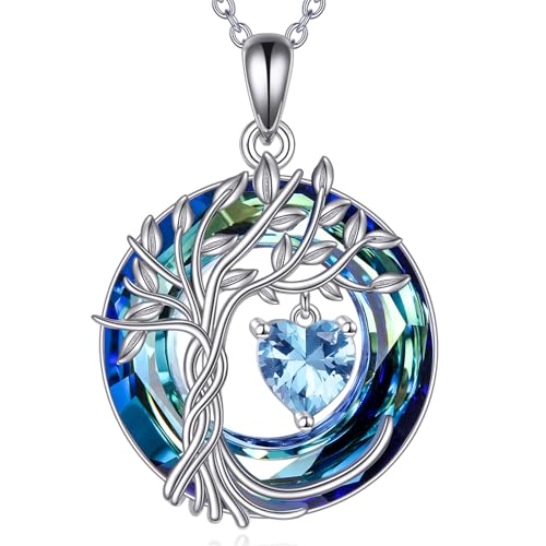 POPLYKE Lebensbaum Geburtsstein kette für Damen 925 Sterling Silber Baum des Lebens Schmuck Aquamarin Anhänger März Geburtsstein Edelstein mit Kristall Weihnachtsgeschenke für Mutter Ehefrau von POPLYKE