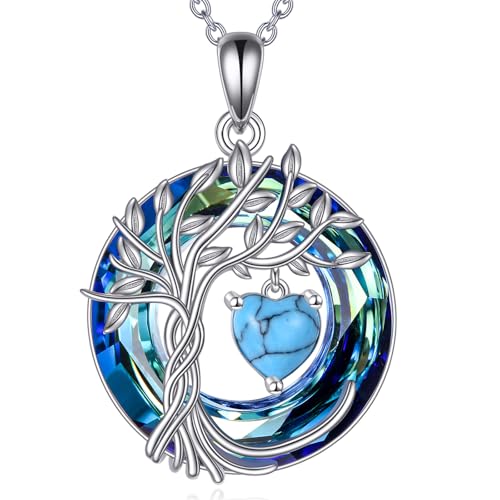 POPLYKE Lebensbaum Geburtsstein kette für Damen 925 Sterling Silber Baum des Lebens Schmuck Türkis Anhänger Dezember Geburt Stein Edelstein mit Kristall Weihnachtsgeschenke für Mutter Ehefrau von POPLYKE