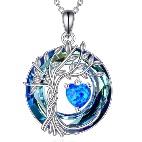 POPLYKE Lebensbaum Geburtstein kette für Damen 925 Sterling Silber Baum des Lebens Schmuck Blau Opal Anhänger Oktober Geburtstein Edelstein mit Kristall Weihnachten Geschenke für Mutter Frau von POPLYKE