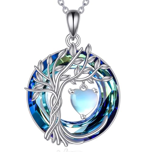 POPLYKE Lebensbaum Geburtstein kette für Damen 925 Sterling Silber Baum des Lebens Schmuck Mondstein Anhänger Juni Geburtstein Edelstein mit Kristall Weihnachten Geschenke für Mutter Ehefrau von POPLYKE