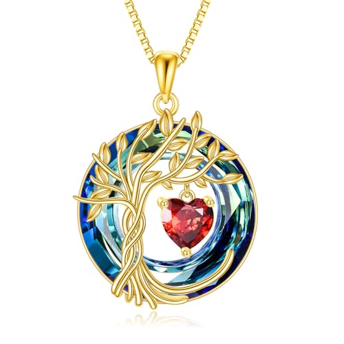 POPLYKE Lebensbaum Kette Baum des Lebens Kette Halskette 925 Sterling Silber Januar Geburtsstein Anhänger Halsketten mit Kristall(18K Gold plattiert-blauen Kristall, 01-Jan-Garnet) von POPLYKE
