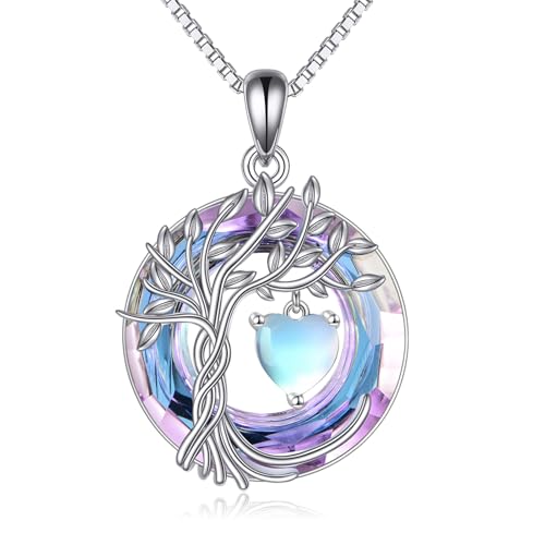 POPLYKE Lebensbaum Kette Baum des Lebens Kette Halskette 925 Sterling Silber Mondstein Juni Geburt Stein Anhänger Halsketten mit Kristall von POPLYKE