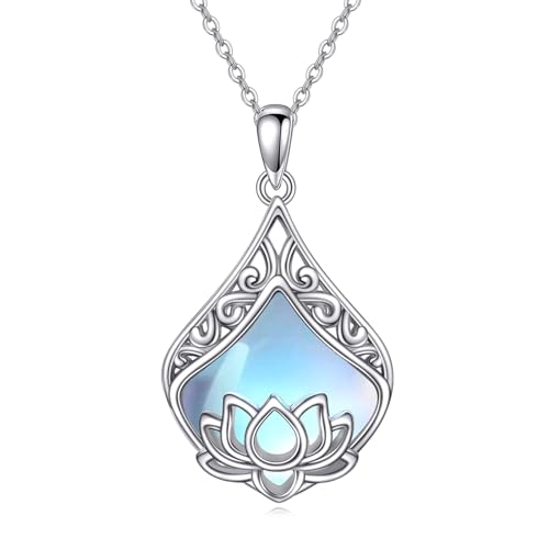 POPLYKE Lotus Blume Halskette für Damen 925 Sterling Silber Träne Mondstein Halskette Lotus Schmuck Geschenke von POPLYKE