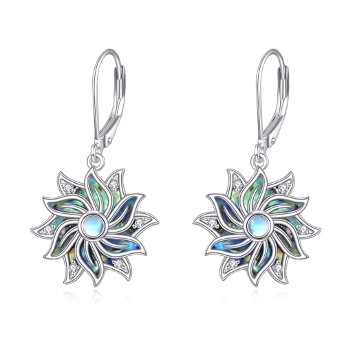 POPLYKE Lotus Blume Ohrringe 925 Sterling Silber Abalone Dangle Leverback Ohrringe Mondstein Lotus Schmuck für Damen Sensible Ohrringe von POPLYKE