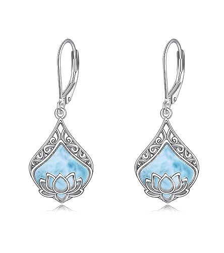 POPLYKE Lotus Blume Ohrringe 925 Sterling Silber Träne Larimar Dangle Ohrringe für Damen Lotus Schmuck Geschenke für sie von POPLYKE