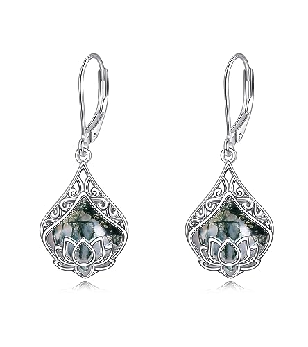 POPLYKE Lotus Blume Ohrringe 925 Sterling Silber Träne Blatt Moos Achat Dangle Ohrringe für Damen Lotus Schmuck Geschenke Geburtstag von POPLYKE