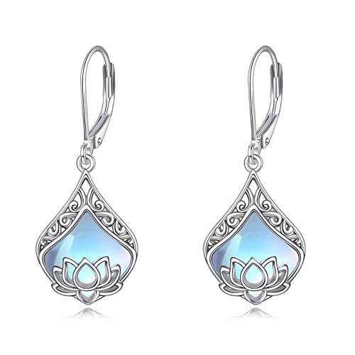 POPLYKE Lotus Blume Ohrringe 925 Sterling Silber Träne Mondstein Dangle Ohrringe Damen Lotus Schmuck von POPLYKE