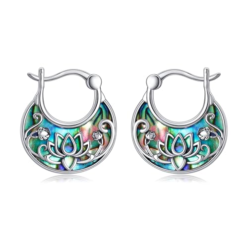 POPLYKE Lotus Blume Ohrringe Damen 925 Sterling Silber Creolen Hoop Abalone Ohrringe Lotus Schmuck Geschenke von POPLYKE