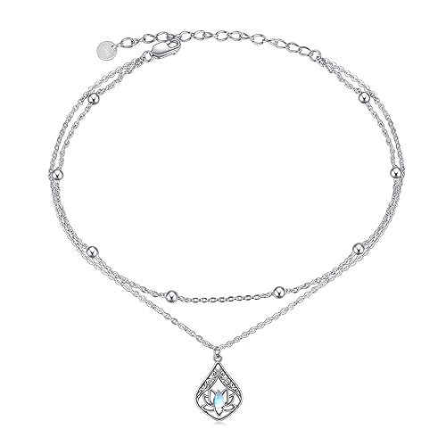 POPLYKE Lotus Fußkettchen für Damen 925 Sterling Silber Mondstein Fußkettchen Doppelschichtige Kette Lotus Fußkettchen Mädchen Sommer Strand Schmuck von POPLYKE