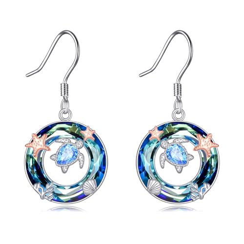 POPLYKE Meer Schildkröte Ohrringe für Frauen Sterling Silber Dangle Drop Ohrringe Blau Kristall Ocean Schmuck für Damen von POPLYKE