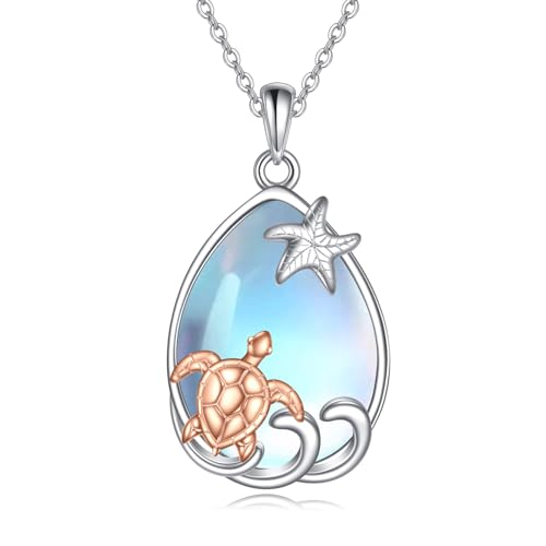 POPLYKE Meeresschildkröte Kette für Damen Mondstein Ozean Halskette Rose Gold Sterling Silber Schildkröte Schmuck für Mädchen Schildkröte Geschenke Geburtstag von POPLYKE