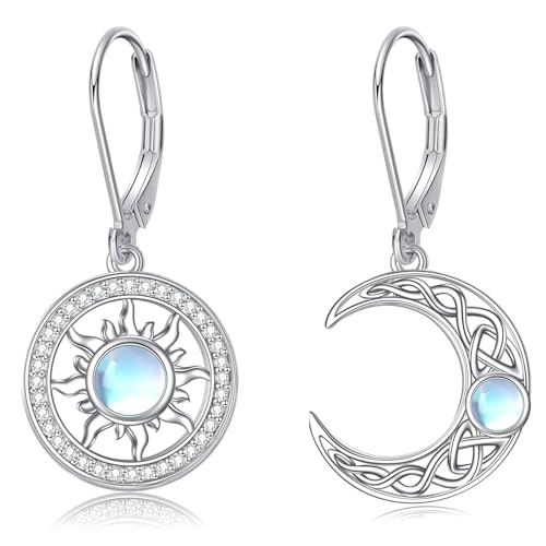 POPLYKE Mond Sonne Ohrringe für Frauen Sterling Silber Mondstein Leverback Ohrringe Mond Sonne Schmuck Geschenke Geburtstag von POPLYKE