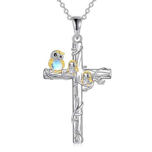 POPLYKE Mondstein Eule Kreuz Anhänger Halskette für Frauen Tier Mutter und Tochter 3 Kinder Halskette Sterling Silber christlichen Schmuck Geschenke für Frauen von POPLYKE