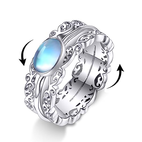 POPLYKE Mondstein Fidget Ringe für Angst 925 Sterling Silber Mondstein Spinner Ringe für Damen Anti Stress Stimmung Ringe Geschenke Band Breite 7# von POPLYKE