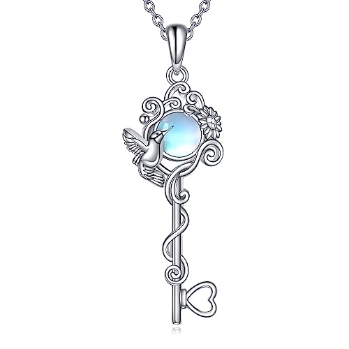 POPLYKE Mondstein Kolibri Schlüssel Halskette für Frauen Sterling Silber Vogel Anhänger Kolibri Schmuck Geschenke von POPLYKE