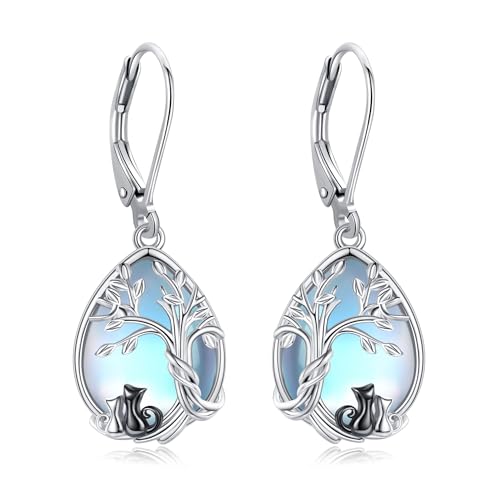 POPLYKE Mondstein Mutter Tochter Katze Ohrringe für Damen Sterling Silber Schwarze Katze Ohrringe Dangle Baum des Lebens Mondstein Schmuck Muttertag von POPLYKE