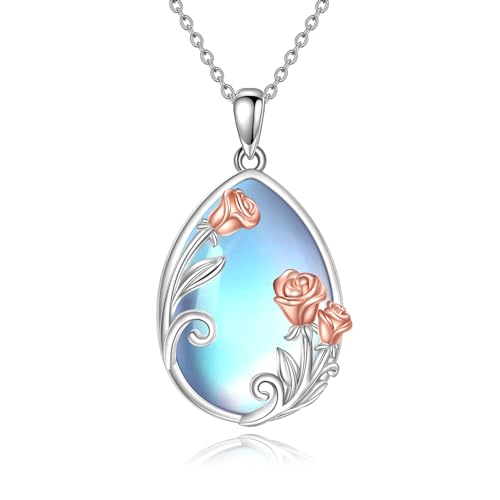 POPLYKE Mondstein Rose Halskette Sterling Silber Mondstein Teardrop Anhänger Halskette Rose Blumenschmuck Geschenke für Frauen (rose) von POPLYKE