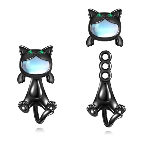 POPLYKE Mondstein Schwarze Katze Ohrringe für Damen 925 Sterling Silber Katze Ohrringe Ohrstecker für Mädchen Schwarze Katze Geschenke Katze Schmuck von POPLYKE