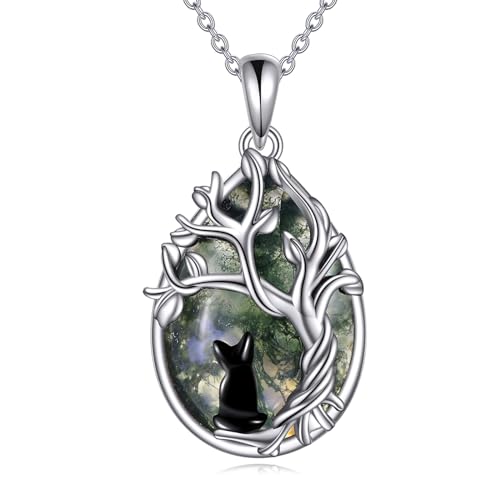 POPLYKE Moos Achat Baum des Lebens Katze Halskette für Frauen 925 Sterling Silber Familie Baum Anhänger Schmuck Geburtstagsgeschenke von POPLYKE