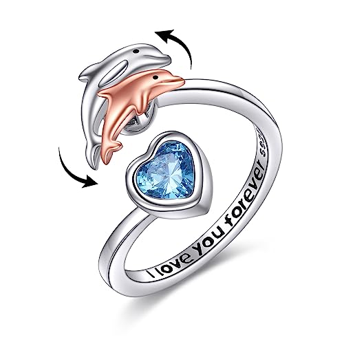 POPLYKE Mutter Tochter Delfin Fidget Ringe für Angst für Damen Sterling Silber Delfin Drehbare Stimmung Ringe Geschenke für Mädchen von POPLYKE