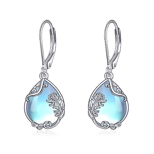 POPLYKE November Chrysantheme Mondstein Geburt Blume Filigran Teardrop Drop Dangle Earrings Sterling Silber Leverback Earrings Schmuck von POPLYKE