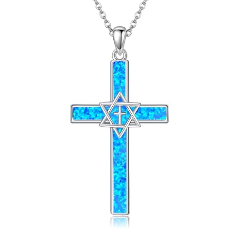 POPLYKE Opal Kreuz Anhänger Stern von David Kette Damen Männer 925 Sterling Silber Kreuz Schmuck 20+2'' POPLYKE Opal Kreuz Anhänger Stern von David Kette Damen Männer 925 Sterling Silber Kreuz Schmuck 20+2'' von POPLYKE