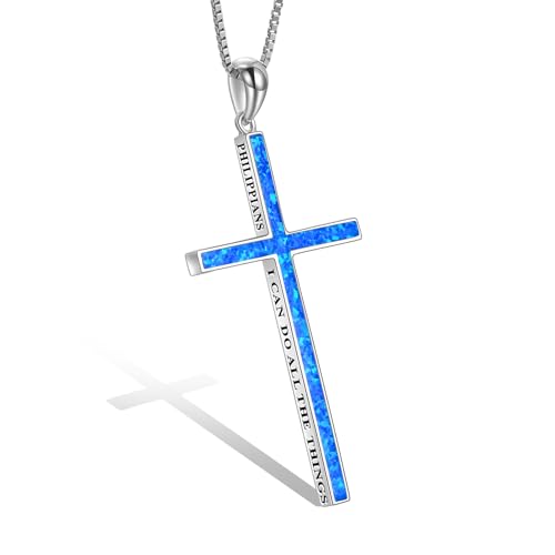 POPLYKE Opal Kreuz Halskette Damen Männer 925 Sterling Silber Philippians 4:13 Ich kann alle Dinge inspirierende Schmuck für Männer 20+2'' von POPLYKE