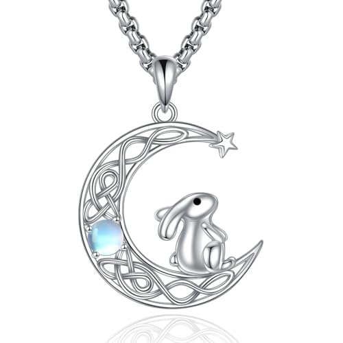 POPLYKE Osterhasen Halskette für Damen 925 Sterling Silber Kaninchen Halskette Halbmond Anhänger Mondstein Schmuck für Damen von POPLYKE