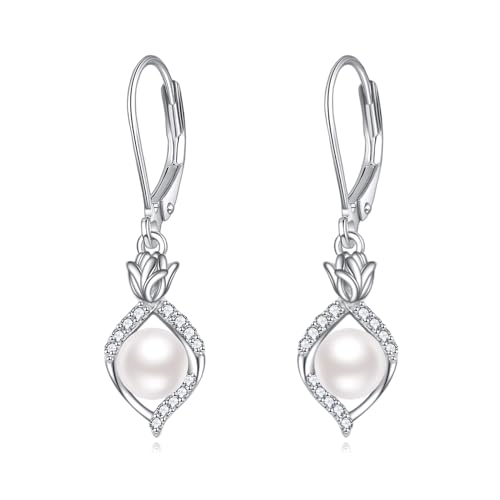 POPLYKE Perlen Ohrringe für Frauen Sterling Silber Tulpe Dangle Leverback Ohrringe Schmuck Geschenke Hochzeit Jubiläum von POPLYKE