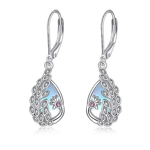 POPLYKE Pfau Drop Dangle Ohrringe für Frauen Sterling Silber Mondstein Ohrringe Pfau Vogel Feder Schmuck von POPLYKE