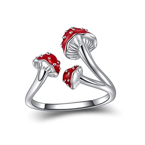 POPLYKE Red Mushroom Rings For Women Sterling Silver Adjustable Open Ring Jewelry Vintage Cool Nature Ring von POPLYKE