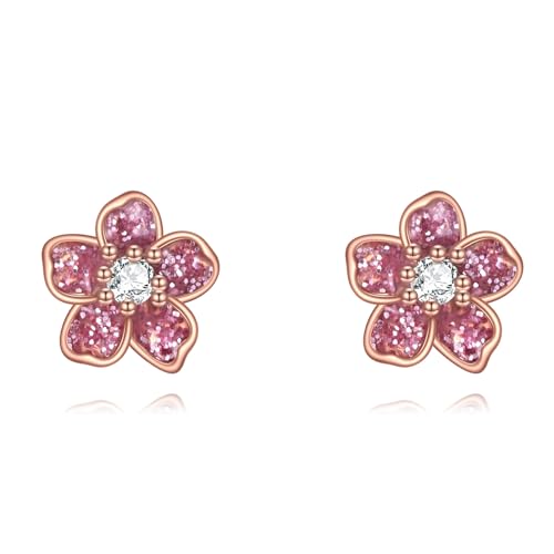 POPLYKE Rosa Sterling Silber Ohrringe für Damen - Sakura Kirschblüte Schmuck - Nette Ohrstecker von POPLYKE