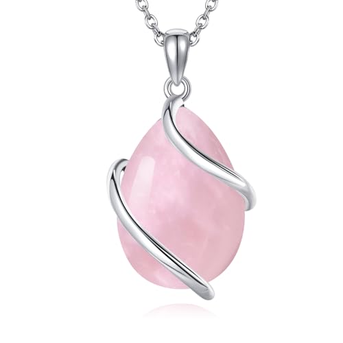POPLYKE Rosenquarz Kette 925 Sterling Silber Teardrop Anhänger Halskette Schmuck für Damen von POPLYKE