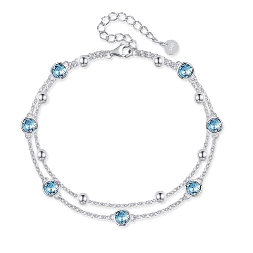 POPLYKE S925 Sterling Silber Crystal Light Aquamarin Anklet Layered Chain Ankle Bracelet für Damen März Birthstone Anklet Beach Schmuck von POPLYKE