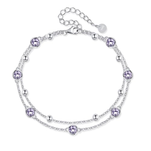 POPLYKE S925 Sterling Silber Crystal Lila Armband Layered Chain Ankle Armband für Damen Juni Birthstone Schmuck von POPLYKE