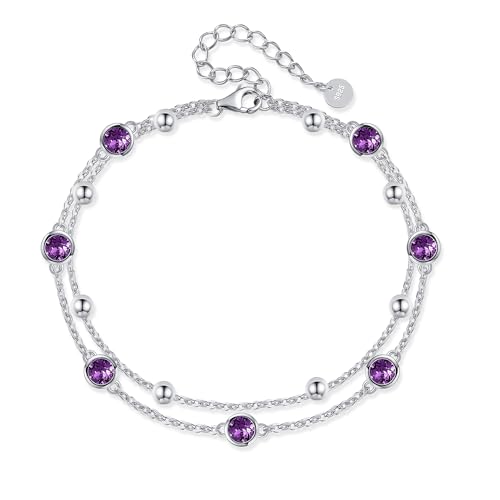 POPLYKE S925 Sterling Silber Kristall Granat Anklet Layered Chain Ankle Bracelet für Damen Feb. Birthstone Anklet Summer Beach Dainty Schmuck von POPLYKE