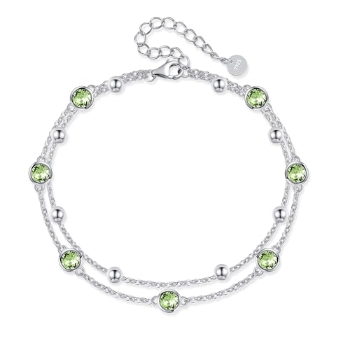 POPLYKE S925 Sterling Silber Kristall Olivgrün Armband Layered Chain Ankle Armband für Damen Aug. Birthstone Schmuck von POPLYKE