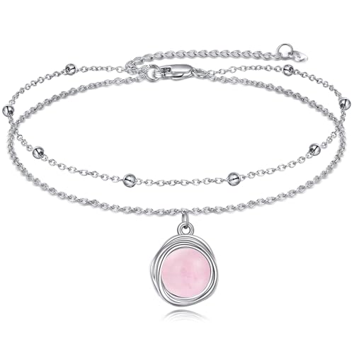 POPLYKE S925 Sterling Silber Rosenquarz Fußkettchen Layered Chain Pink Crystal Knöchel-Armband für Damen Sommer Strand Rosenquarz Schmuck Geschenke für Sie Geburtstag von POPLYKE