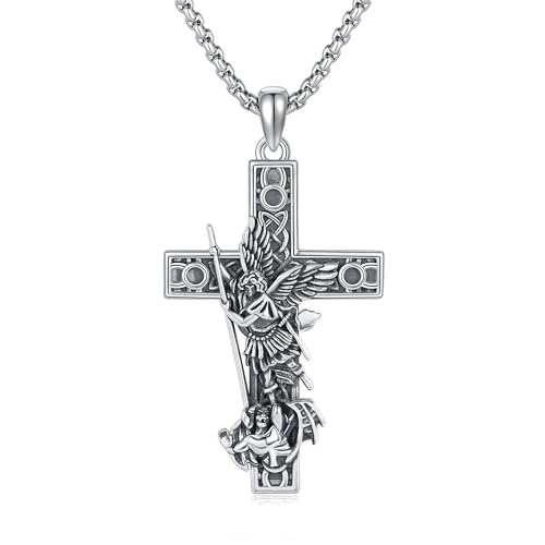 POPLYKE ST Michael Anhänger für Männer 925 Sterling Silber Kreuz Halskette für Frauen Erzengel Michael Schmuck Geschenke 22+2 Zoll von POPLYKE