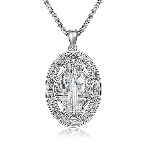 POPLYKE Saint Benedikt Halskette 925 Sterling Silber St Benedikt Medaillen für Damen Medalla de San Benito Schmuck für Männer Christian Schmuck 20"+2" Kette von POPLYKE