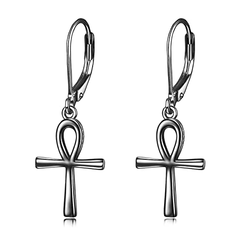 POPLYKE Schwarz Ägyptische Knöchelkreuz Leverback Ohrringe für Damen S925 Sterling Silber Schwarzes Kreuz Dangle Ohrringe für Mädchen Geburtstags Geschenke von POPLYKE