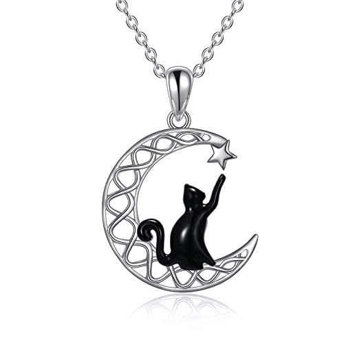 POPLYKE Schwarz Katze Kette für Frauen Sterling Silber Keltische Mond Katze Schmuck(mond 3) von POPLYKE