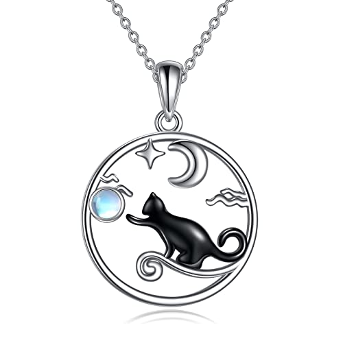 POPLYKE Schwarz Katze Kette für Frauen Sterling Silber Mondstein Katze Schmuck (mond 4) von POPLYKE