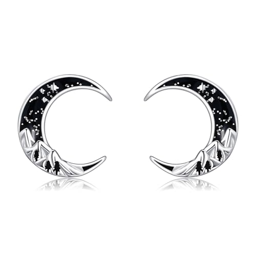 POPLYKE Schwarz Mond Ohrringe Damen 925 Sterling Silber Ohrstecker Mädchen Berg Schmuck Geschenke von POPLYKE