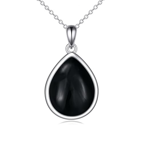POPLYKE Schwarzer Onyx Halskette für Frauen Sterling Silber schwarzer Onyx Teardrop Halskette schwarzer Onyx Pandant Schmuck Geschenk (Schwarz Onyx) von POPLYKE